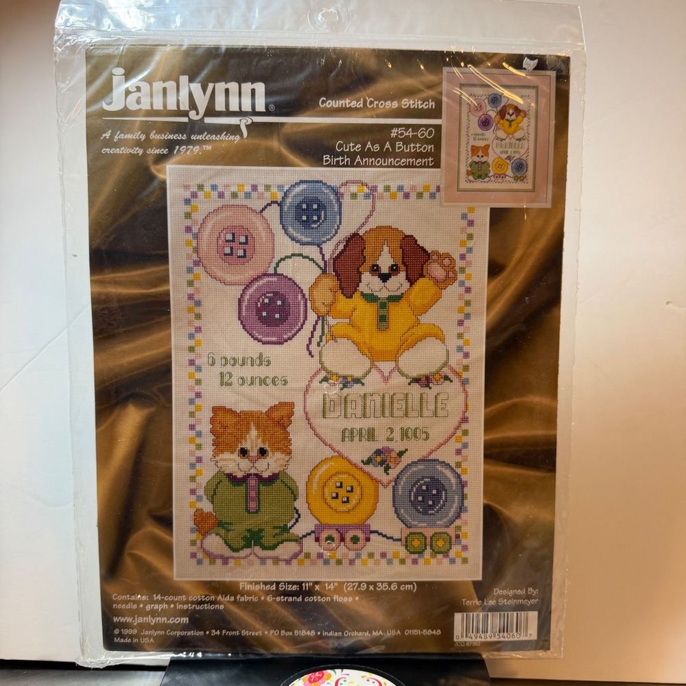 Janlynn Counted Cross Stitch Cute As A Button Birth Announcement Kit 54-60